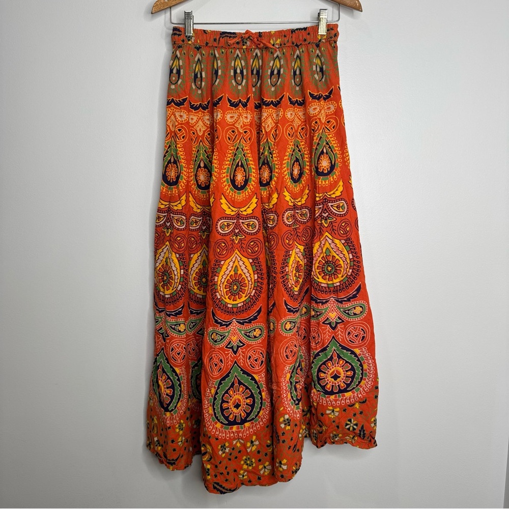 Vintage Handmade Bohemian‎ Hippie Block Printed Orange Midi Circle Skirt Fall